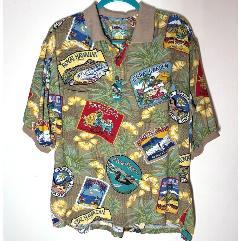 Reyn Spooner Polo Shirt Mens L Pineapple Advertisement Pocket Green Hawaii USA‎
